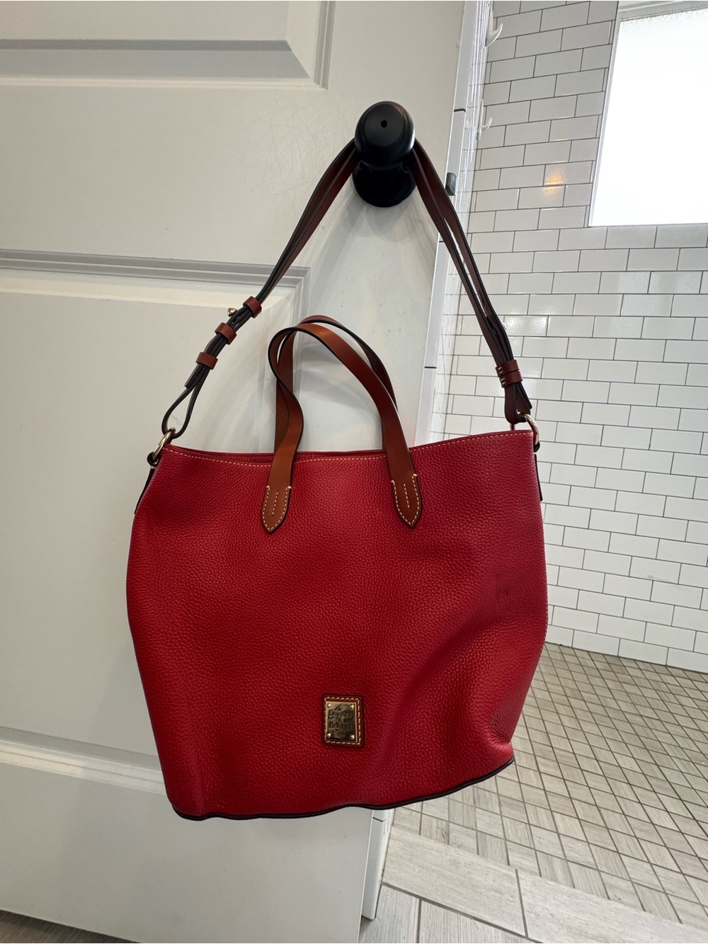 Dooney & Bourke Red Pebbled Leather Tote with Brown Handles and Adjustable Strap